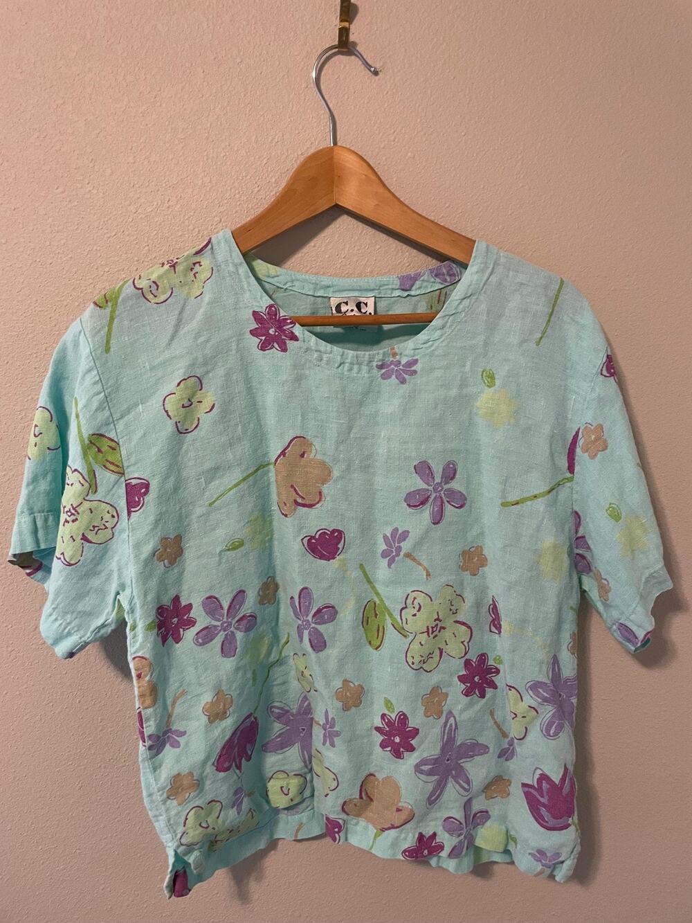 Vintage CC Collection Top Womens Medium Blue Floral Linen Artsy Lagenlook 90s